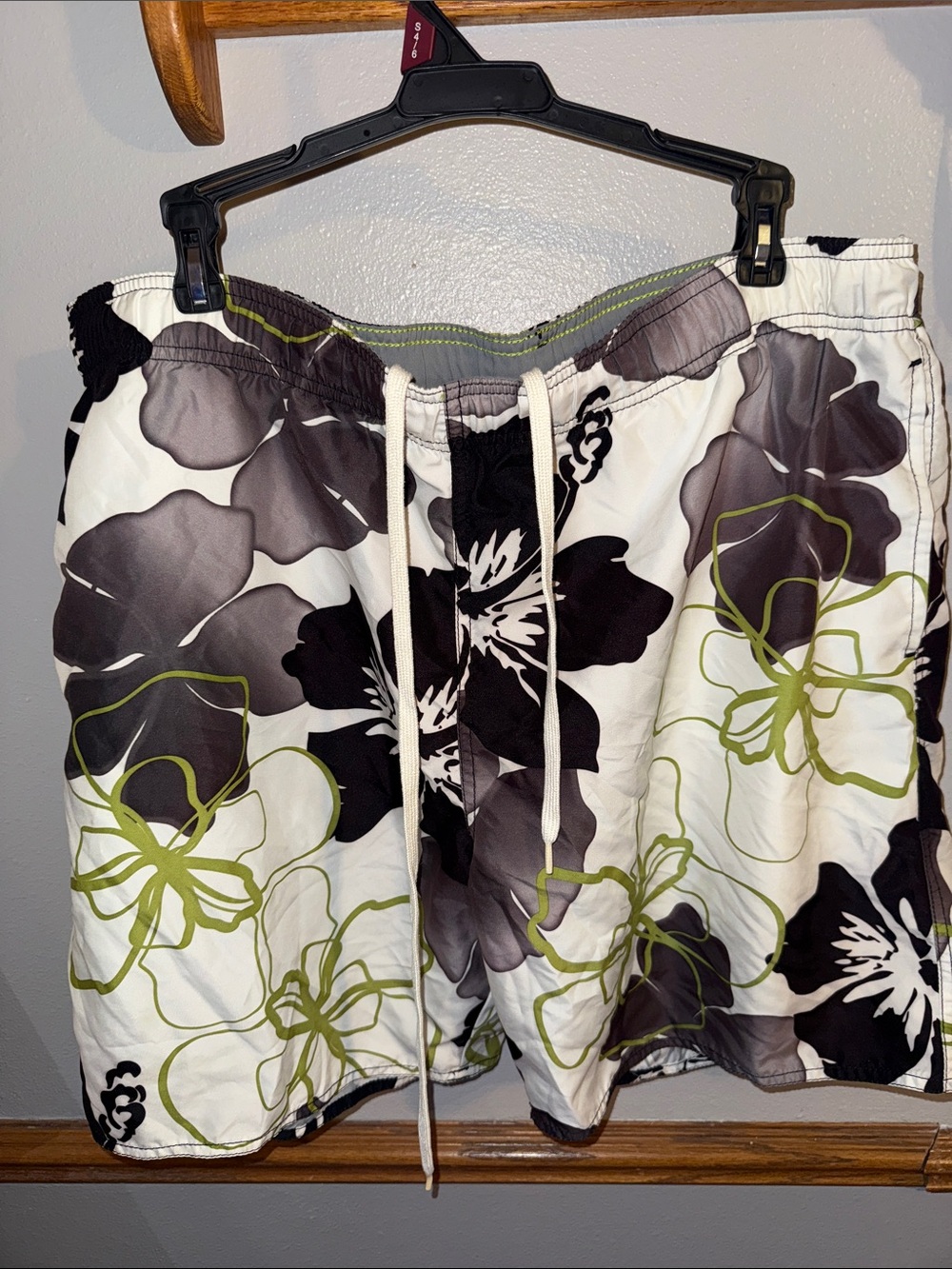 Men's White Floral Swim Trunks with Black and Olive Accents